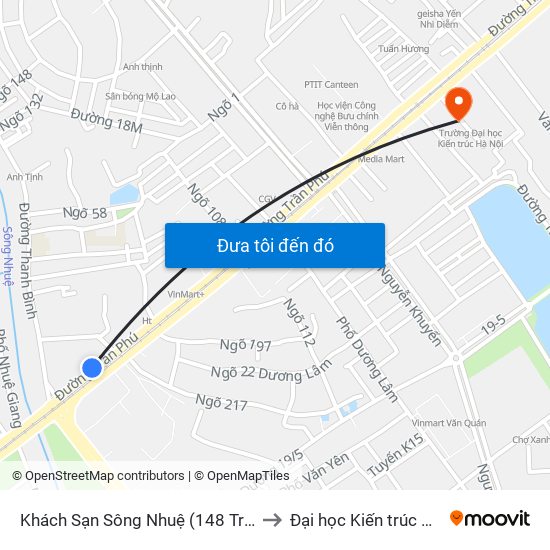 Khách Sạn Sông Nhuệ (148 Trần Phú- Hà Đông) to Đại học Kiến trúc Hà Nội - HAU map