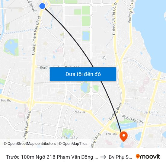 Trước 100m Ngõ 218 Phạm Văn Đồng (Đối Diện Công Viên Hòa Bình) to Bv Phụ Sản Hà Nội map