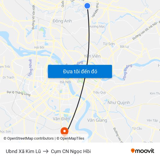 Ubnd Xã Kim Lũ to Cụm CN Ngọc Hồi map