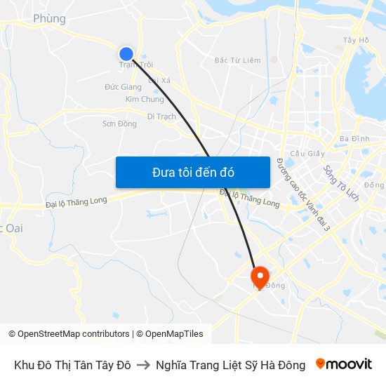 Khu Đô Thị Tân Tây Đô to Nghĩa Trang Liệt Sỹ Hà Đông map