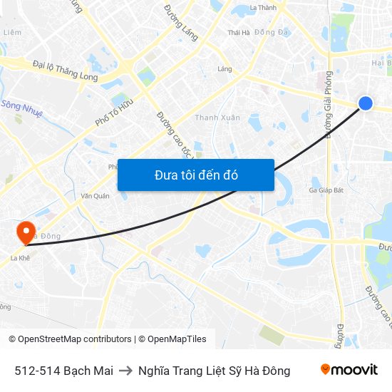 512-514 Bạch Mai to Nghĩa Trang Liệt Sỹ Hà Đông map