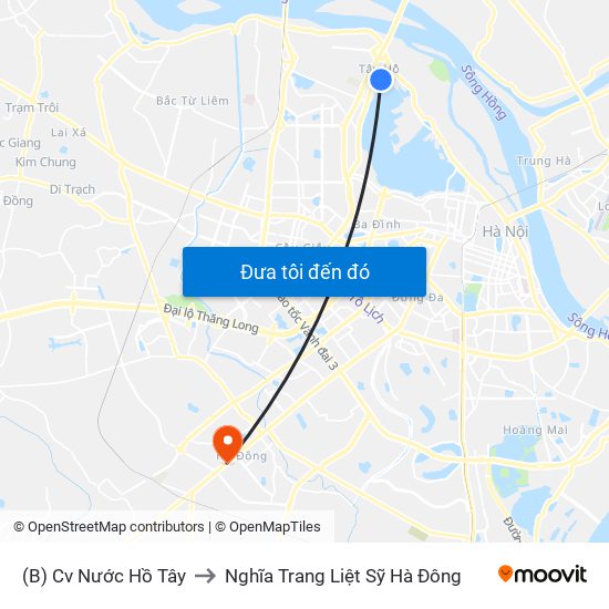 (B) Cv Nước Hồ Tây to Nghĩa Trang Liệt Sỹ Hà Đông map