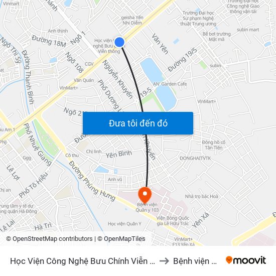 Học Viện Công Nghệ Bưu Chính Viễn Thông - Trần Phú (Hà Đông) to Bệnh viện Quân Y 103 map