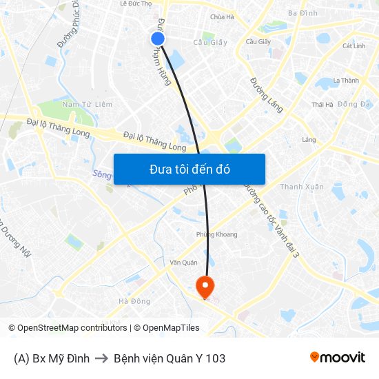 (A) Bx Mỹ Đình to Bệnh viện Quân Y 103 map