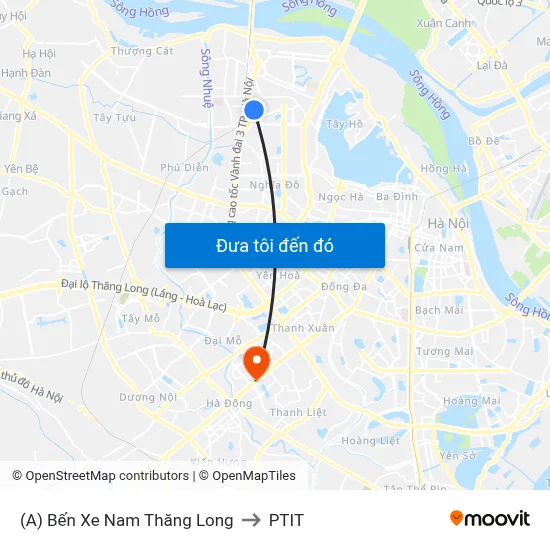 (A) Bến Xe Nam Thăng Long to PTIT map