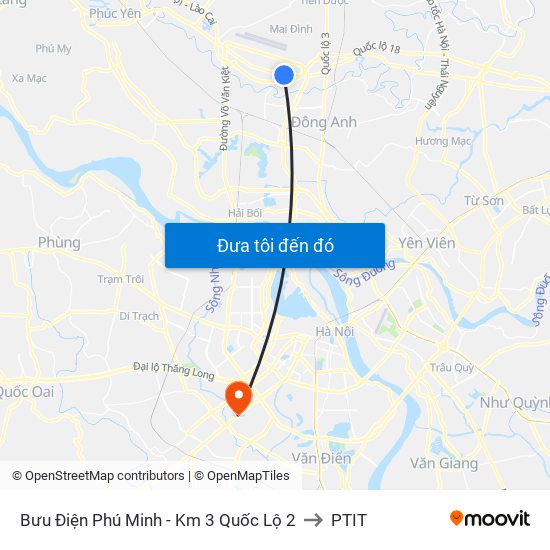 Bưu Điện Phú Minh - Km 3 Quốc Lộ 2 to PTIT map