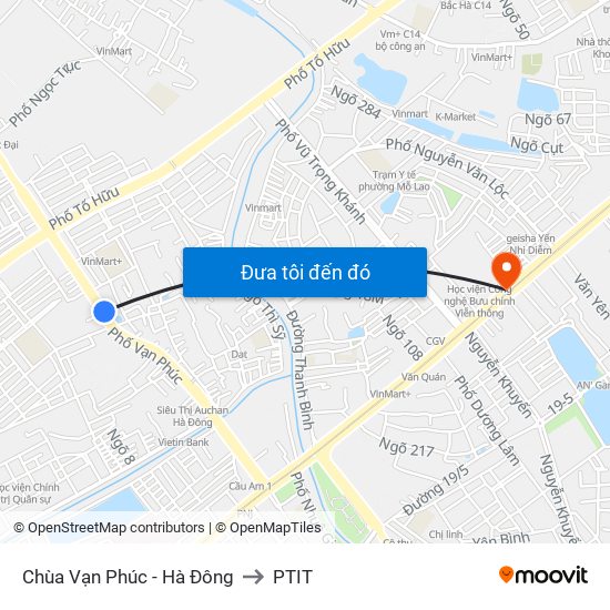 Chùa Vạn Phúc - Hà Đông to PTIT map