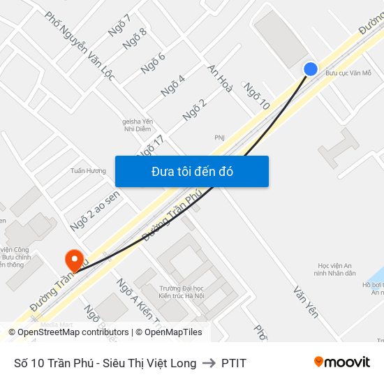 Số 10 Trần Phú - Siêu Thị Việt Long to PTIT map