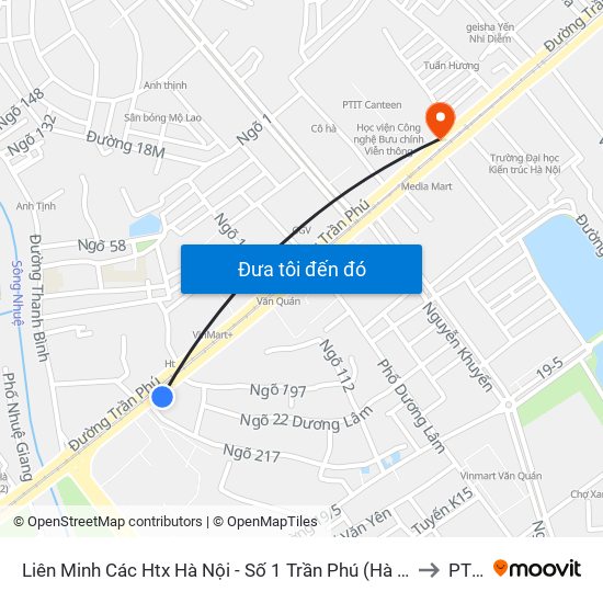 Liên Minh Các Htx Hà Nội - Số 1 Trần Phú (Hà Đông) to PTIT map