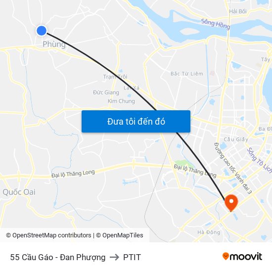 55 Cầu Gáo - Đan Phượng to PTIT map