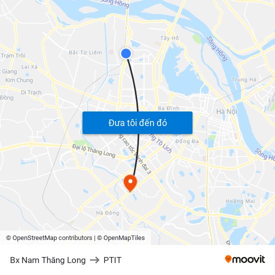 Bx Nam Thăng Long to PTIT map