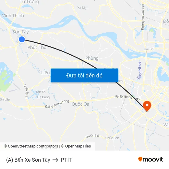 (A) Bến Xe Sơn Tây to PTIT map