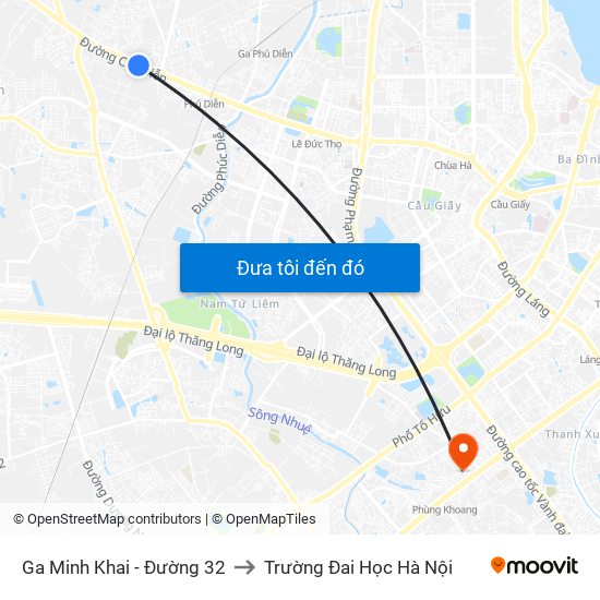 Ga Minh Khai - Đường 32 to Trường Đai Học Hà Nội map