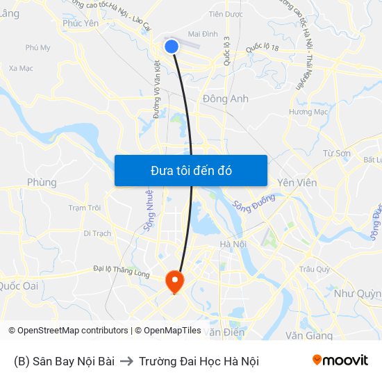(B) Sân Bay Nội Bài to Trường Đai Học Hà Nội map