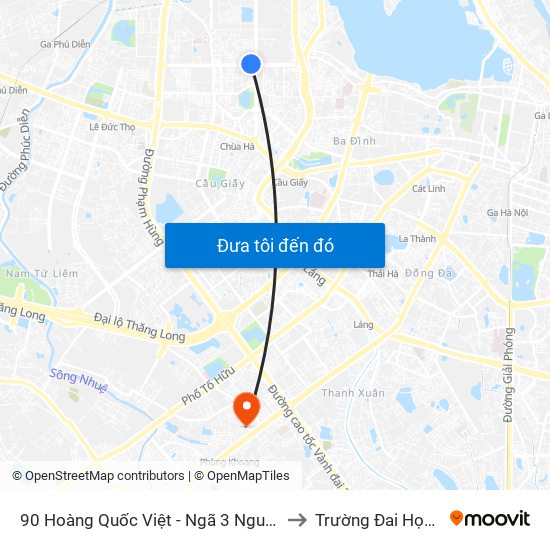 90 Hoàng Quốc Việt - Ngã 3 Nguyễn Văn Huyên to Trường Đai Học Hà Nội map