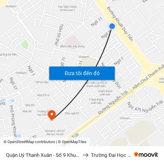 Quận Uỷ Thanh Xuân - Số 9 Khuất Duy Tiến to Trường Đai Học Hà Nội map