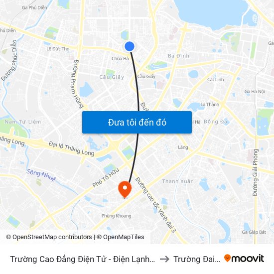 Trường Cao Đẳng Điện Tử - Điện Lạnh Hà Nội - Số 10 Nguyễn Văn Huyên to Trường Đai Học Hà Nội map