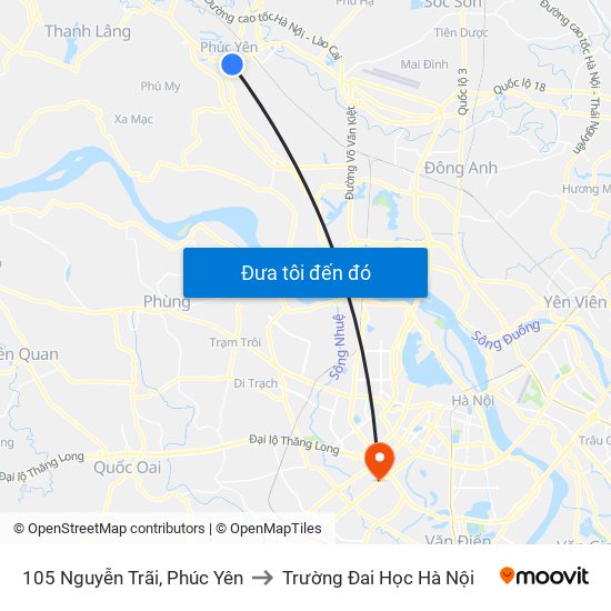 105 Nguyễn Trãi, Phúc Yên to Trường Đai Học Hà Nội map