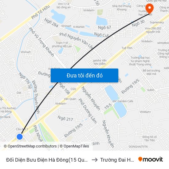 Đối Diện Bưu Điện Hà Đông(15 Quang Trung Hà Đông) to Trường Đai Học Hà Nội map