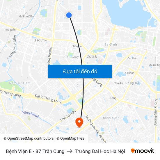 Bệnh Viện E - 87 Trần Cung to Trường Đai Học Hà Nội map