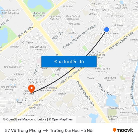 57 Vũ Trọng Phụng to Trường Đai Học Hà Nội map