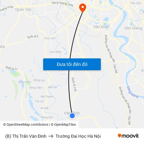 (B) Thị Trấn Vân Đình to Trường Đai Học Hà Nội map