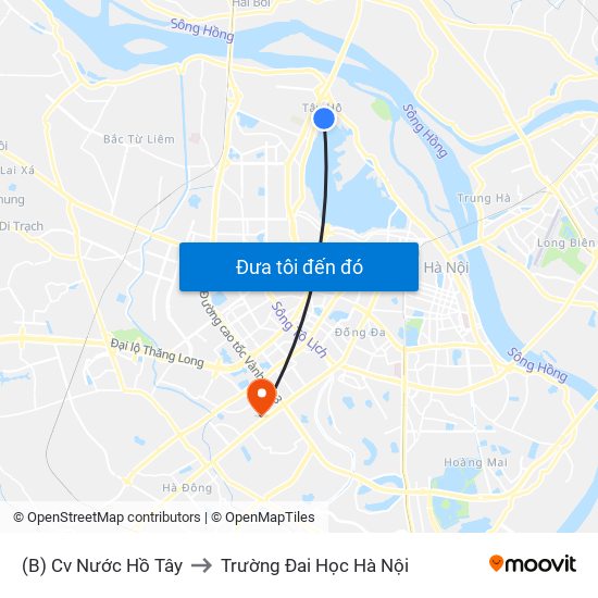 (B) Cv Nước Hồ Tây to Trường Đai Học Hà Nội map