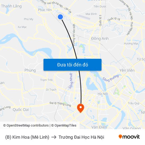 (B) Kim Hoa (Mê Linh) to Trường Đai Học Hà Nội map