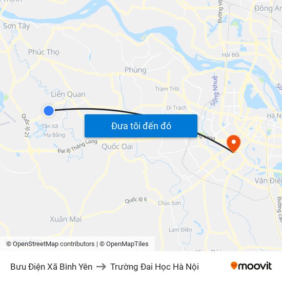 Bưu Điện Xã Bình Yên to Trường Đai Học Hà Nội map