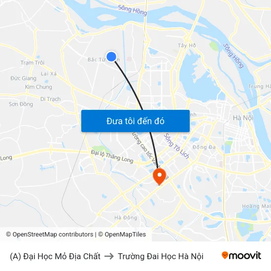 (A) Đại Học Mỏ Địa Chất to Trường Đai Học Hà Nội map