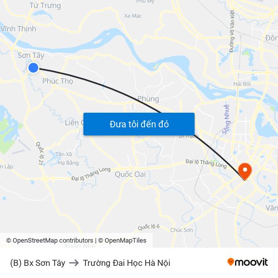 (B) Bx Sơn Tây to Trường Đai Học Hà Nội map