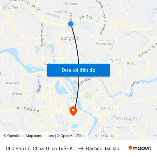 Chợ Phủ Lỗ, Chùa Thiên Tuế - Km 18+600 Quốc Lộ 3 to Đại học dân lập Phương Đông map