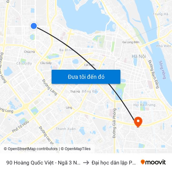 90 Hoàng Quốc Việt - Ngã 3 Nguyễn Văn Huyên to Đại học dân lập Phương Đông map