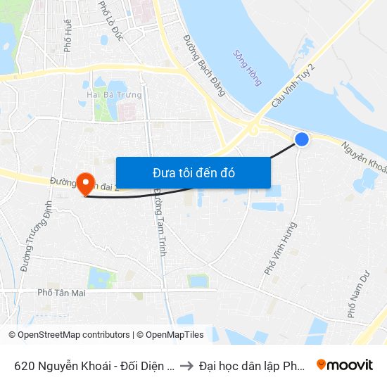 620 Nguyễn Khoái - Đối Diện Dốc Đoàn Kết to Đại học dân lập Phương Đông map