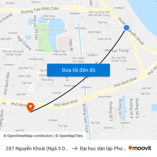 287 Nguyễn Khoái (Ngã 3 Dốc Minh Khai) to Đại học dân lập Phương Đông map