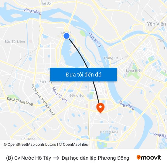 (B) Cv Nước Hồ Tây to Đại học dân lập Phương Đông map