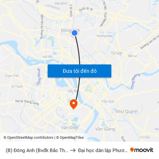 (B) Đông Anh (Bvđk Bắc Thăng Long) to Đại học dân lập Phương Đông map