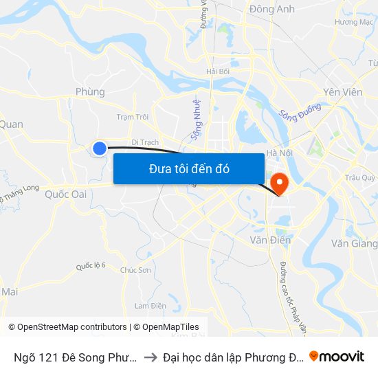 Ngõ 121 Đê Song Phương to Đại học dân lập Phương Đông map