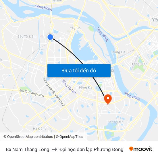 Bx Nam Thăng Long to Đại học dân lập Phương Đông map