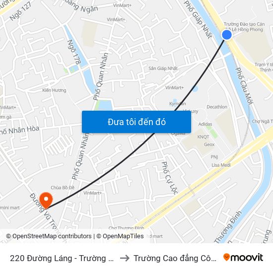 220 Đường Láng - Trường Đảng Lê Hồng Phong to Trường Cao đẳng Công thương Hà Nội map