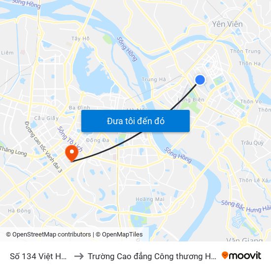 Số 134 Việt Hưng to Trường Cao đẳng Công thương Hà Nội map