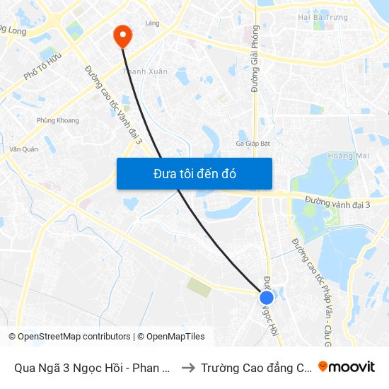 Qua Ngã 3 Ngọc Hồi - Phan Trọng Tuệ 100m - Ngọc Hồi to Trường Cao đẳng Công thương Hà Nội map