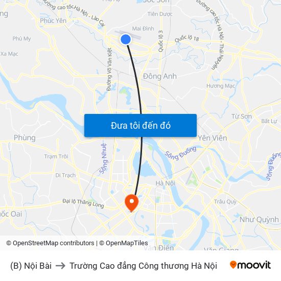 (B) Nội Bài to Trường Cao đẳng Công thương Hà Nội map