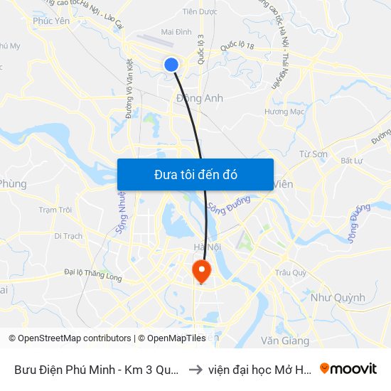 Bưu Điện Phú Minh - Km 3 Quốc Lộ 2 to viện đại học Mở Hà Nội map