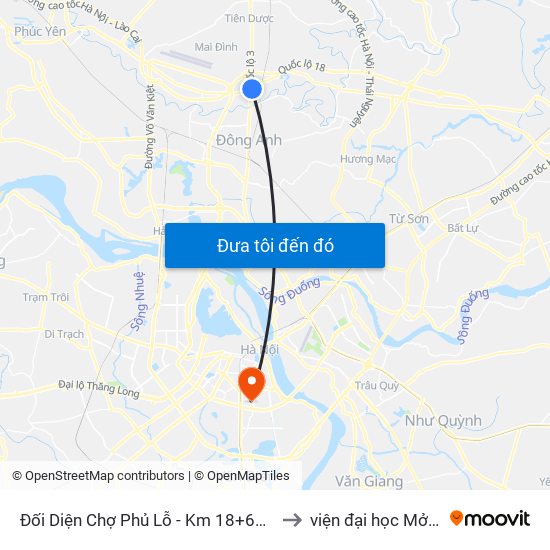 Đối Diện Chợ Phủ Lỗ - Km 18+650 Quốc Lộ 3 to viện đại học Mở Hà Nội map