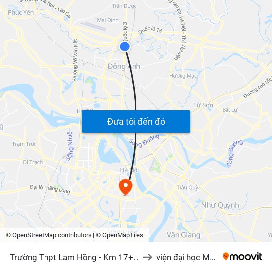 Trường Thpt Lam Hồng - Km 17+750 Quốc Lộ 3 to viện đại học Mở Hà Nội map