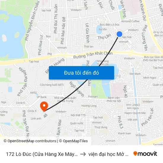 172 Lò Đúc (Cửa Hàng Xe Máy Hon Đa) to viện đại học Mở Hà Nội map