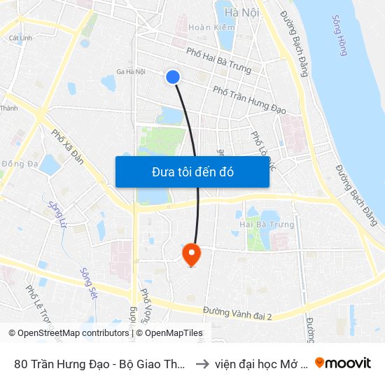 80 Trần Hưng Đạo - Bộ Giao Thông Vận Tải to viện đại học Mở Hà Nội map