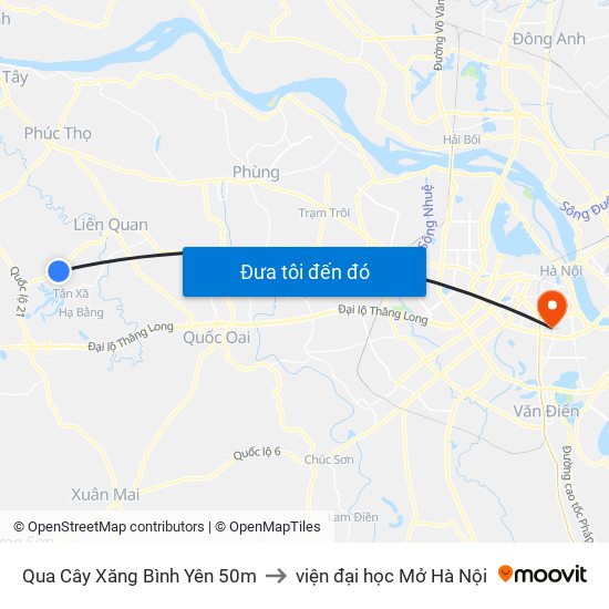 Qua Cây Xăng Bình Yên 50m to viện đại học Mở Hà Nội map