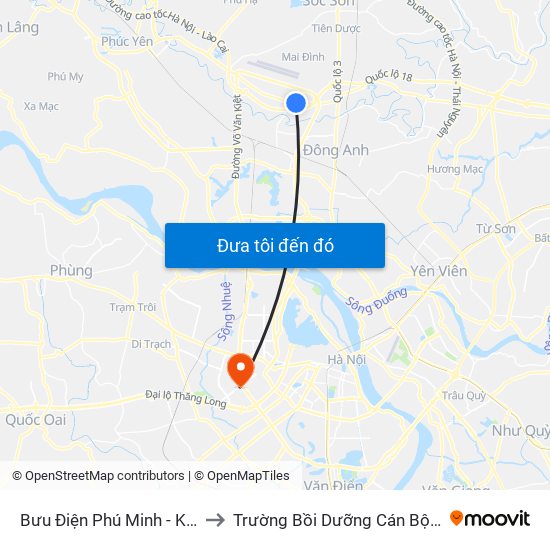 Bưu Điện Phú Minh - Km 3 Quốc Lộ 2 to Trường Bồi Dưỡng Cán Bộ Giáo Dục Hà Nội map
